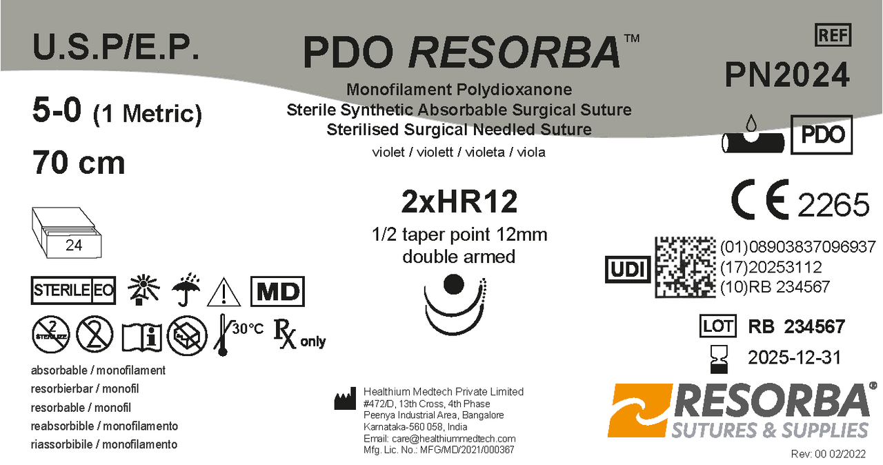 ПДО Ресорба USP5-0 фіолетовий, довжина 70см, дві колючі голки 12 мм, 1/2 кола